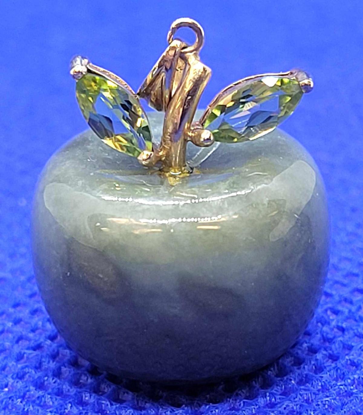 The cutest Apple Ever! Solid JADE Apple with GOLD and gem "leaves" Pendant