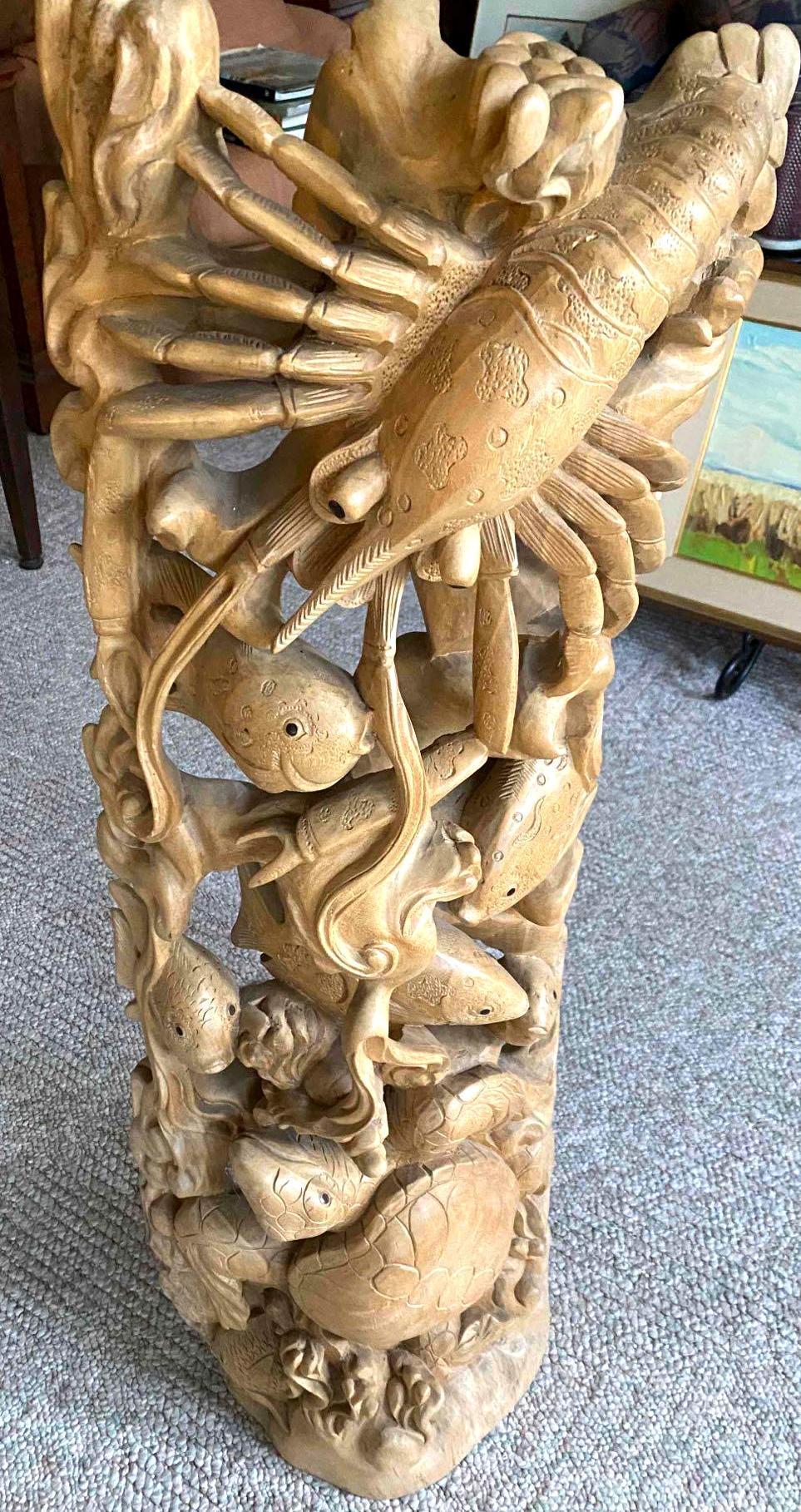 Large Fancy Solid Wood Hand Carved Sea Life Sculpture