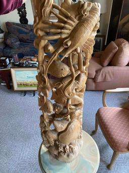 Large Fancy Solid Wood Hand Carved Sea Life Sculpture
