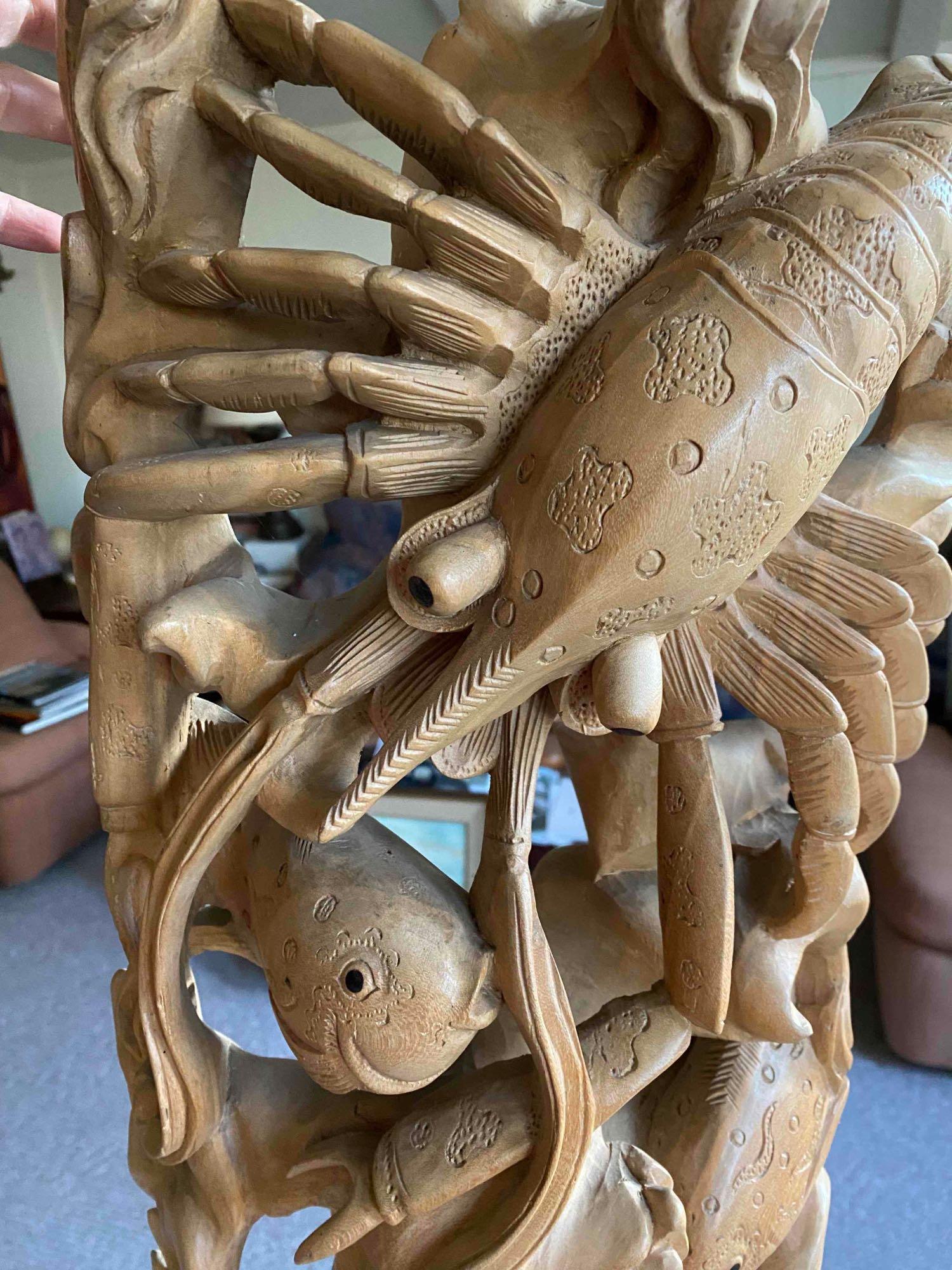 Large Fancy Solid Wood Hand Carved Sea Life Sculpture