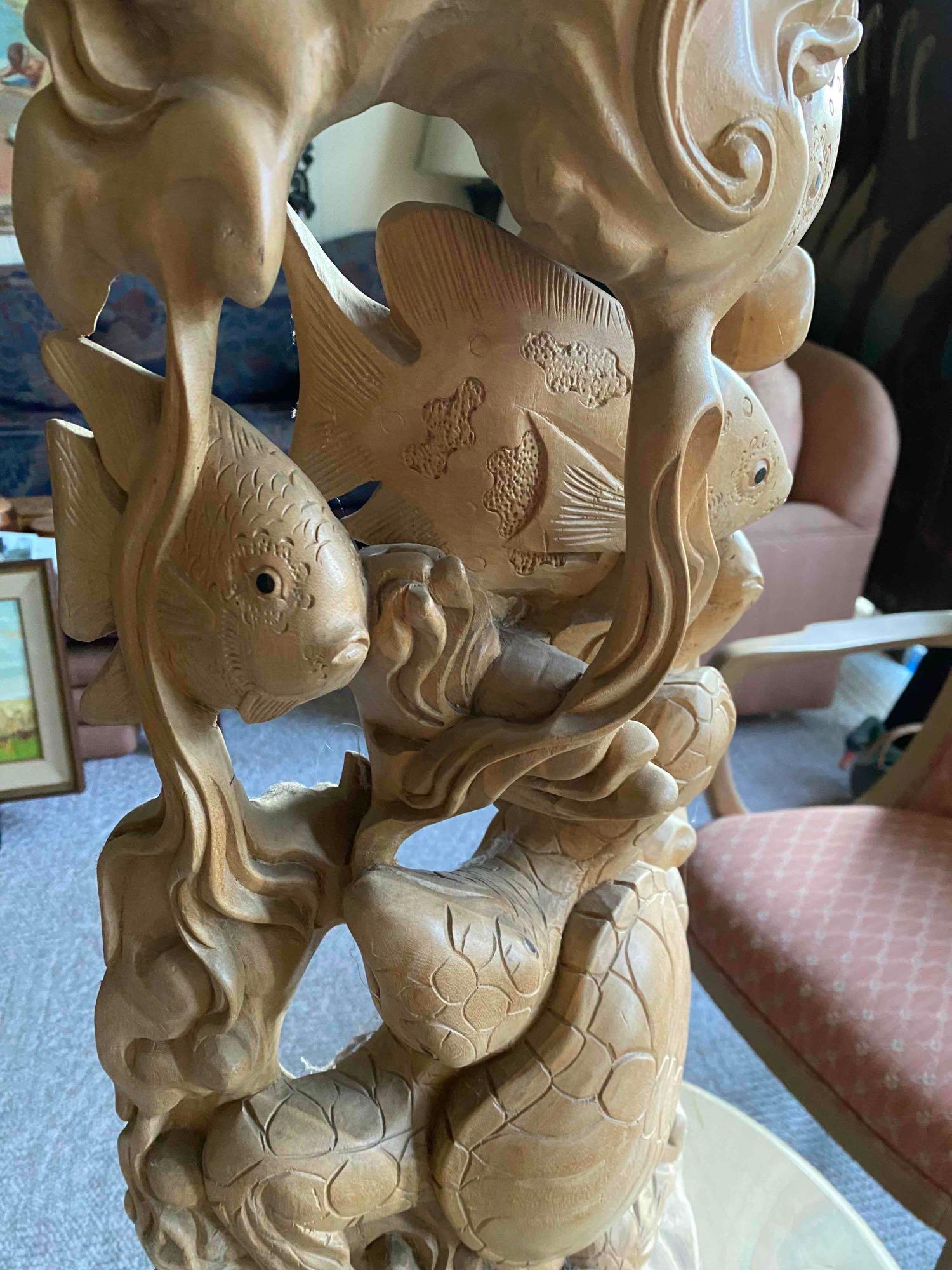 Large Fancy Solid Wood Hand Carved Sea Life Sculpture