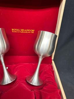 Set of 2 Royal Selangor Fine Pewter Medieval Wine Goblets, Wooden Gift Box