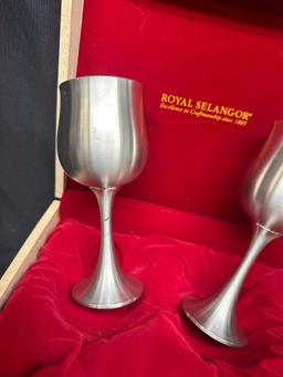 Set of 2 Royal Selangor Fine Pewter Medieval Wine Goblets, Wooden Gift Box