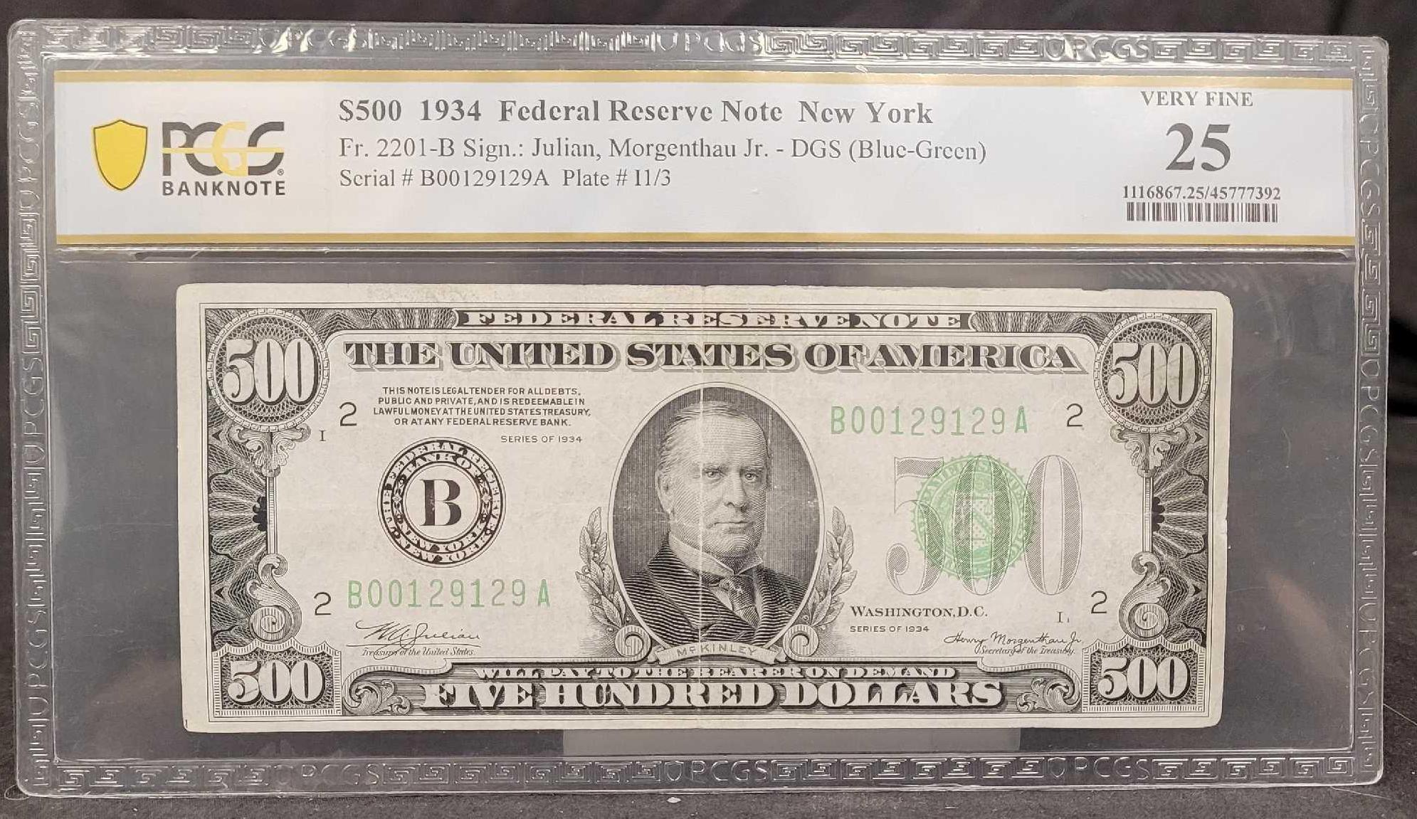 1934 $500 Federal Reserve Note PCGS-B VF25 Dark Green Seal Banknote