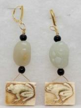 Jade Carved Frog Onyx Earrings 24.81g