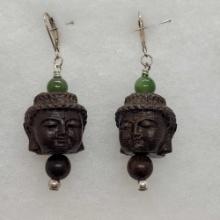 Carved Rosewood Buddha and Jade Earrings 13.95g