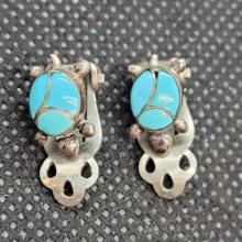 Turquoise Turtle Silver Clip on Earrings 2.40 Grams