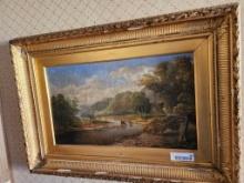 framed vintage oil/canvas artwork Landscape/River/Cows says W.H. Donaldson