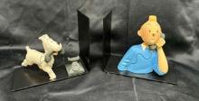 Rare TINTIN TELEPHONE and Snowy Polychrome resin bookends Belgian
