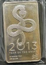 2013 Year of The Snake 10 Troy Oz .999 Fine Silver Bar