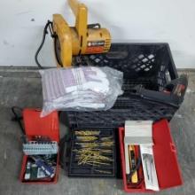 Crate of power tools drill bits work Hardy gloves Black and decker Skill Logic