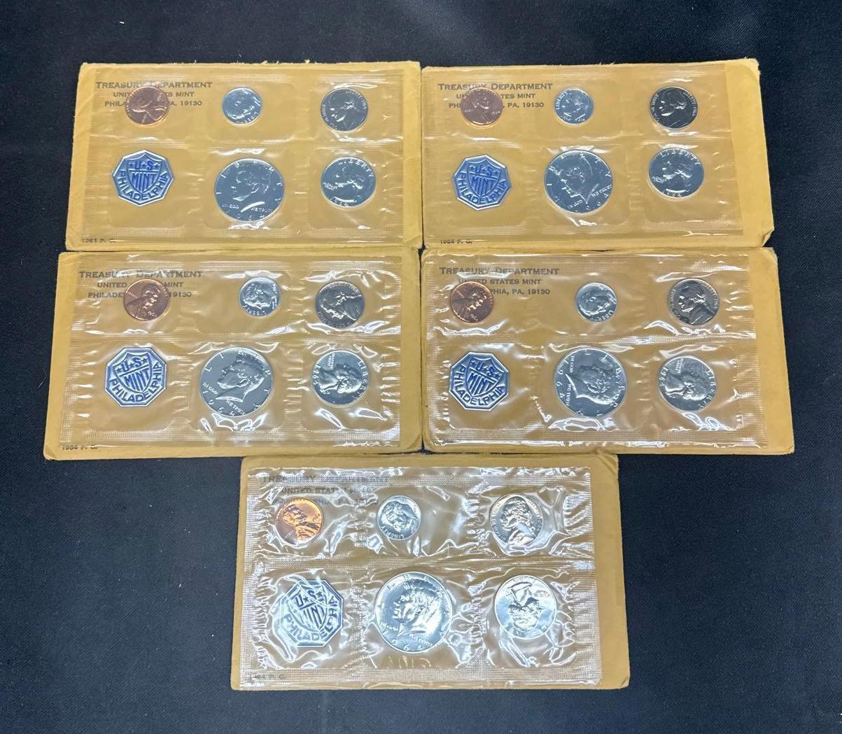 5 1964 US Philadelphia Mint Sets Silver Coins