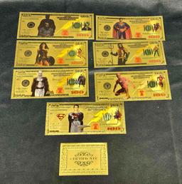 7 99.9 24k Gold Plated DC Comics Banknote Bills Superman, Batman, Flash more