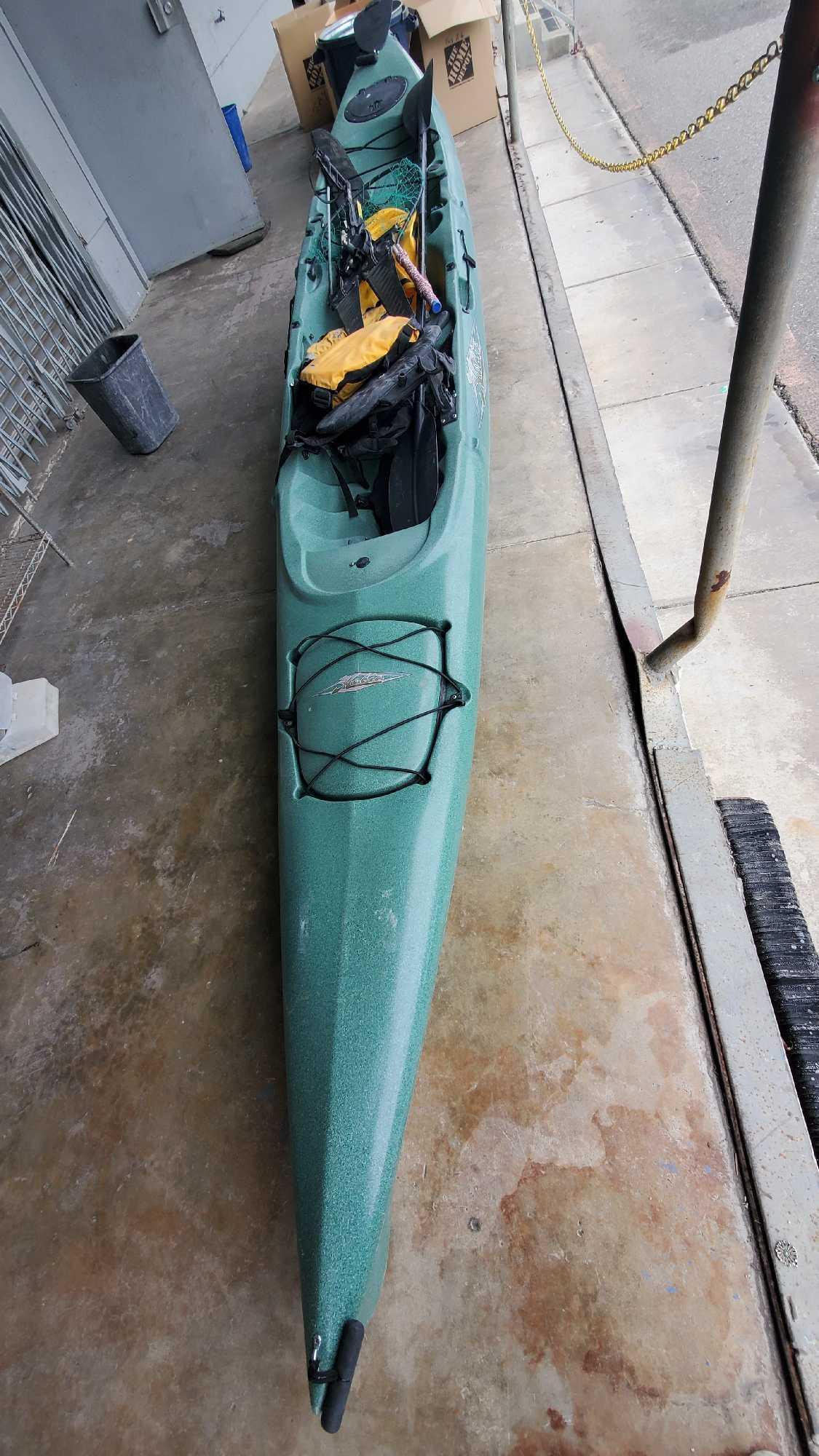 Hobie Mirage Adventure Fish Cannoe with gear and wheels stand