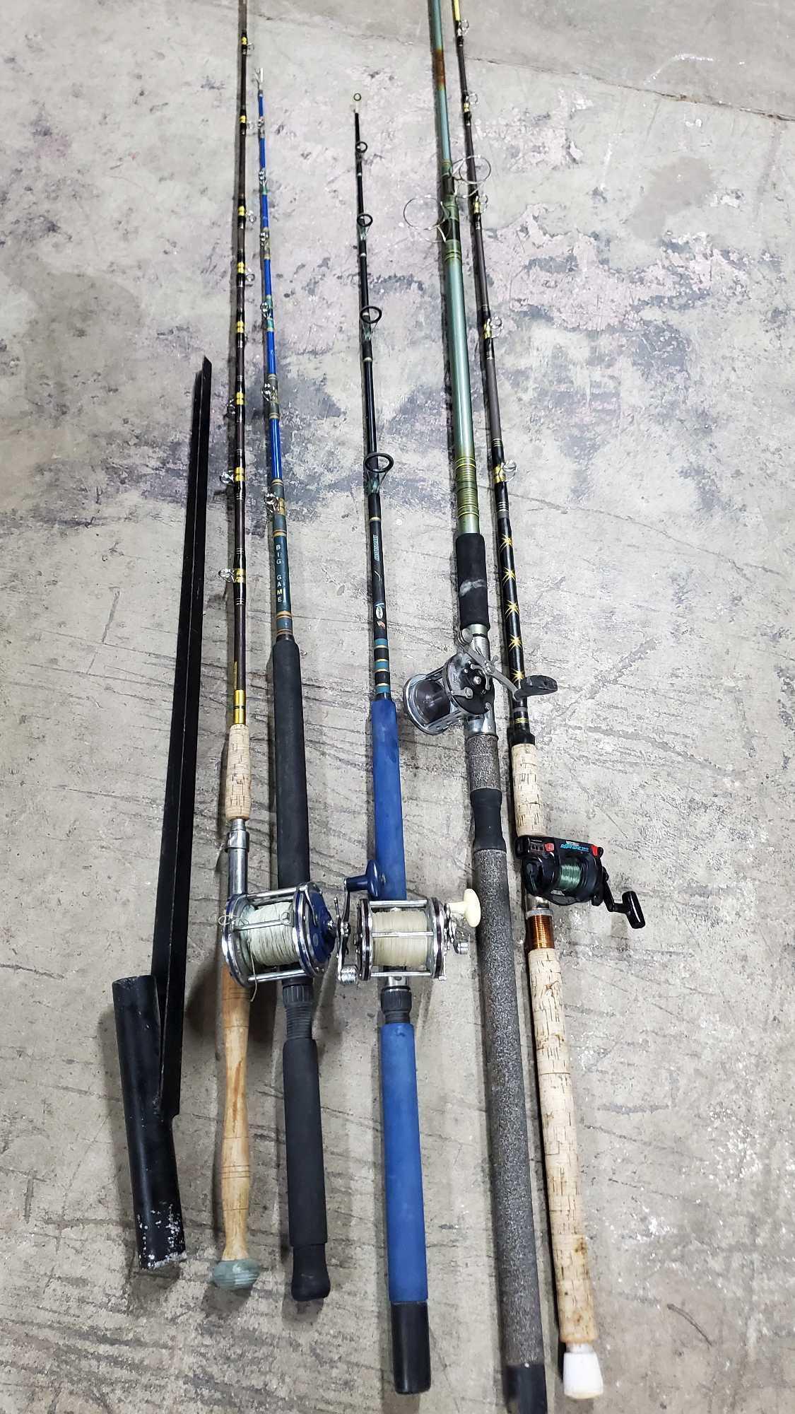 Lot of 5 fishing poles 4 with reeles metal rod holder Penn 500 Dolphin 615 Olympic Hurricane