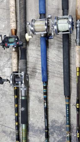 Lot of 5 fishing poles 4 with reeles metal rod holder Penn 500 Dolphin 615 Olympic Hurricane