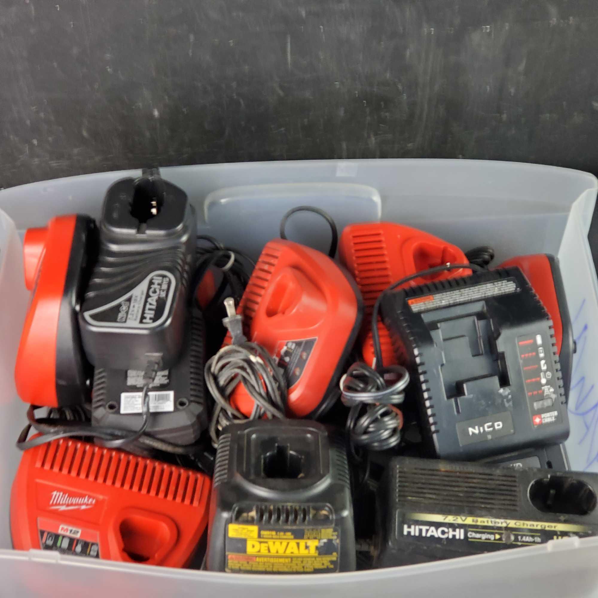 Bin of cordless battery chargers Milwaukee Makita DeWalt Porter Cable Craftsman