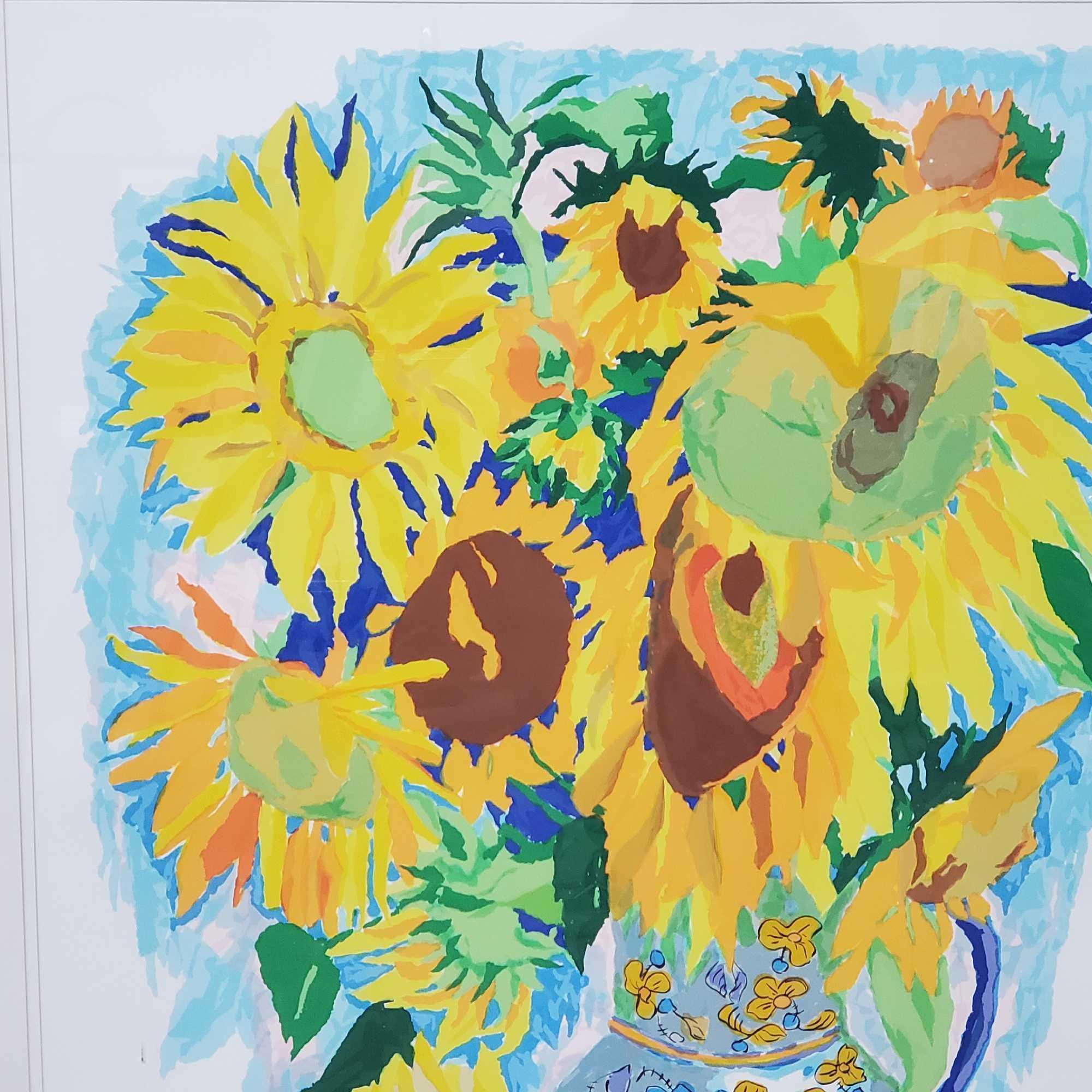 Large framed artist print titled Sunflowers signed Genevieve Taunis Wexler
