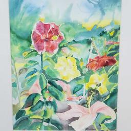 Framed HIBISCUS WATERCOLOR artwork signed Genevieve Taunis Wexler