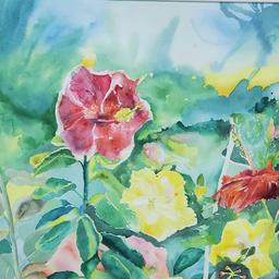 Framed HIBISCUS WATERCOLOR artwork signed Genevieve Taunis Wexler