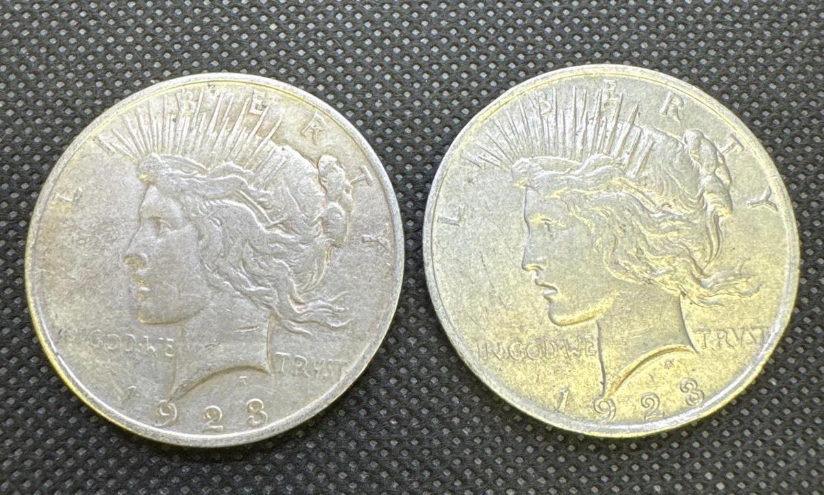 2x 1923 Silver Peace Dollars 90% Silver Coins 1.88 Ounces