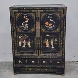 Vintage Chinese Lacquered Cabinet with cabinet and 2 drawers handmade decals