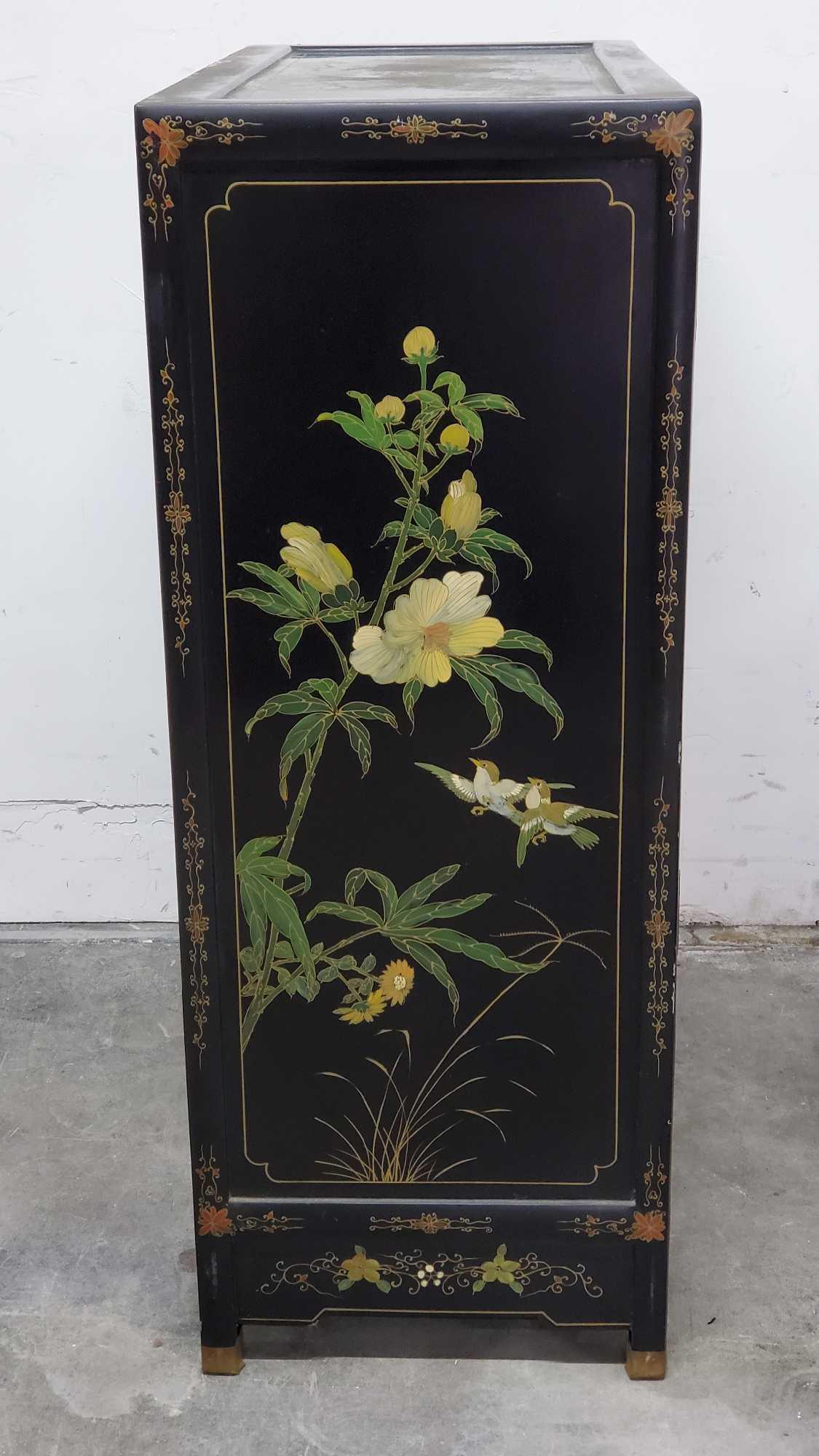 Vintage Chinese Lacquered Cabinet with cabinet and 2 drawers handmade decals