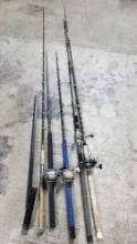 Lot of 5 fishing poles 4 with reeles metal rod holder Penn 500 Dolphin 615 Olympic Hurricane