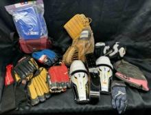 Large Lot of Baseball Gloves, Shin Protectors, Belts more