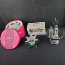 Cruet 13in tall 7in wide. Royal Albert 10in plate/tea set 7in tall. Royal Albert tea bag holder box