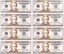 Uncut Sheet 10x12 of 8 Twenty Dollar Bills US Dollar Money Banknotes