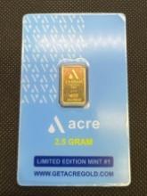 ACRE 2.5 Gram 999.9 Fine Gold Bullion Bar