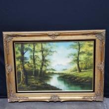 Large framed oil/canvas artwork landscape trees/water signed L. Noger