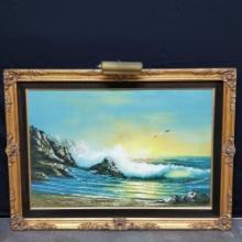Large framed oil/canvas artwork Seascape with seagulls signed Wilson