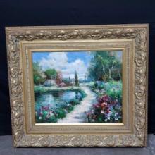 Framed oil/canvas artwork pond/trail/flowers