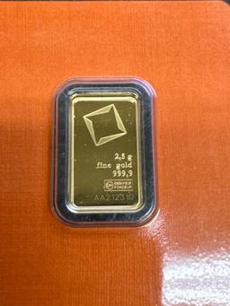 Valcambi Suisse 2.5 Gram 999.9 Fine Gold Bar