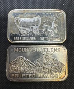 2x Mount St Helen?s 1 Troy Oz .999 Fine Silver Bullion Bars