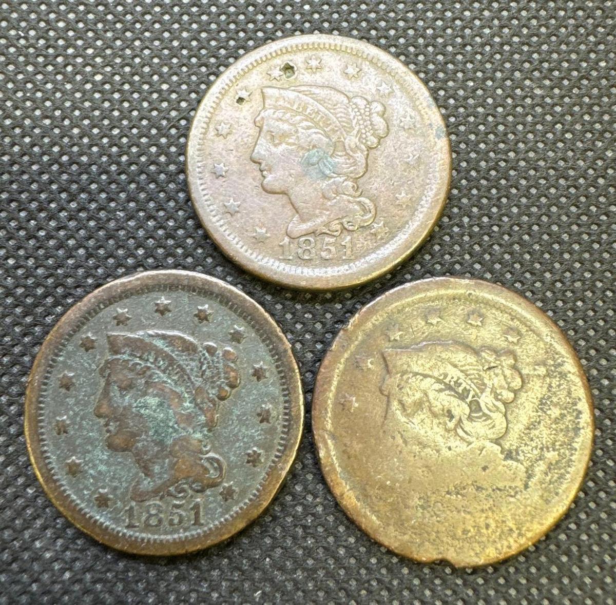 3x US Liberty Head Large Cent 1851