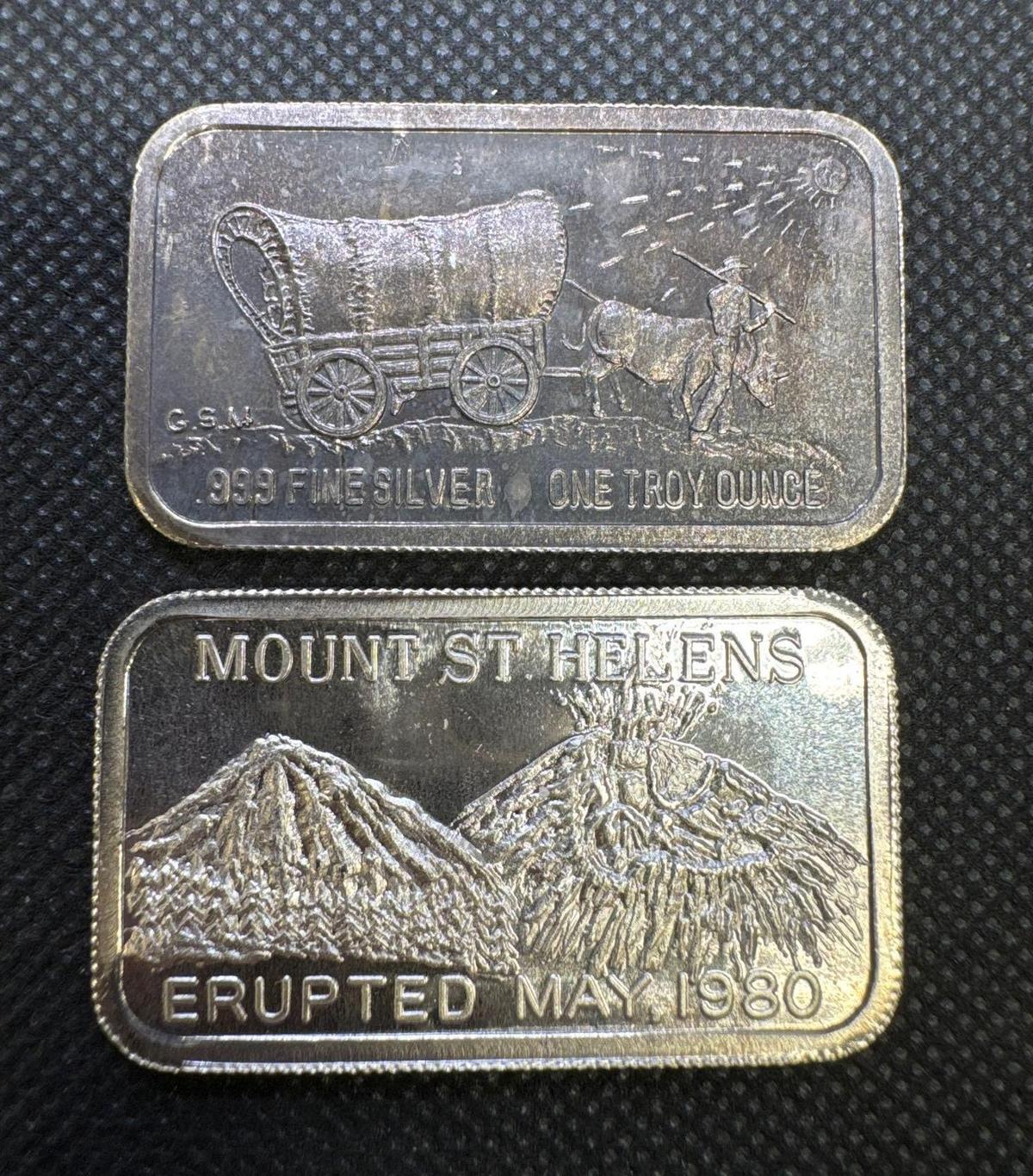 2x Mount St Helen?s 1 Troy Oz .999 Fine Silver Bullion Bars