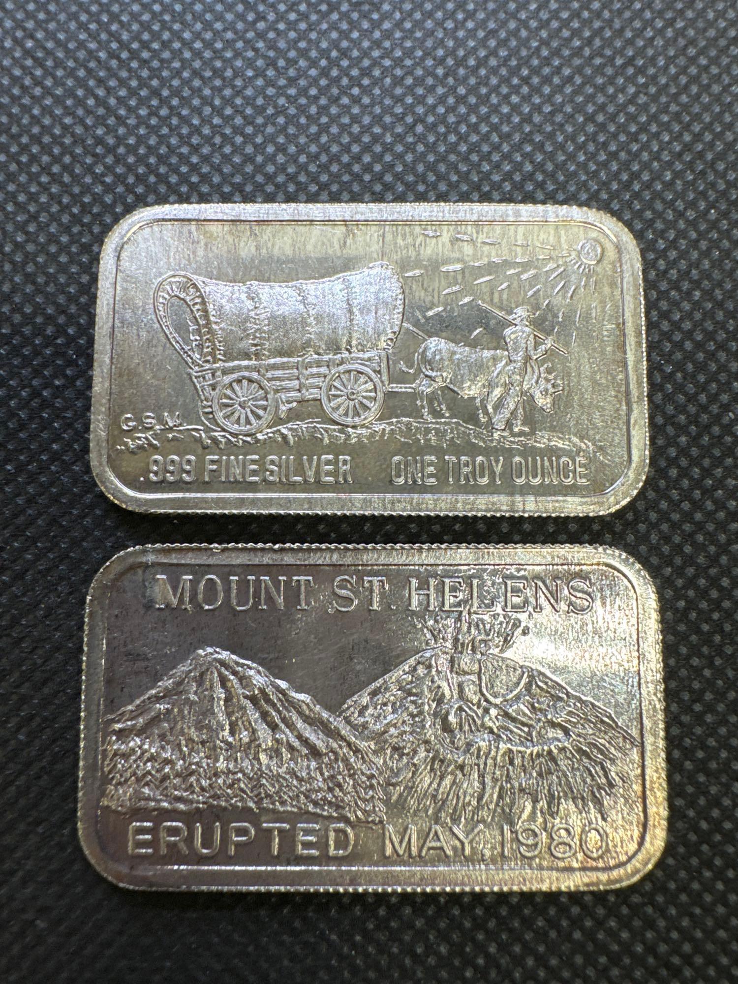 2x Mount St Helen?s 1 Troy Oz .999 Fine silver Bullion Bars