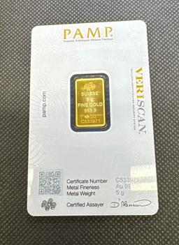 5 Gram PAMP 999.9 Fine Gold Bar