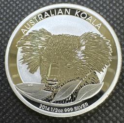 2014 1/2 Oz .999 Fine Silver Australian Koala Round Bullion Coin
