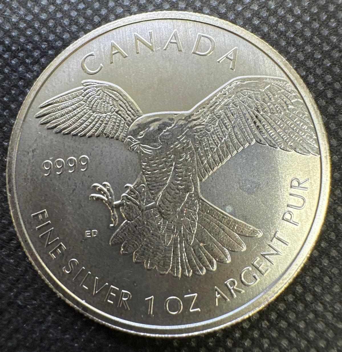 2014 Canadian Hawk 1 Troy Oz .9999 Fine Silver $5 Round Bullion Coin