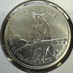 2012 Canadian Cougar 1 Troy Oz .9999 Fine Silver $5 Round Bullion Coin