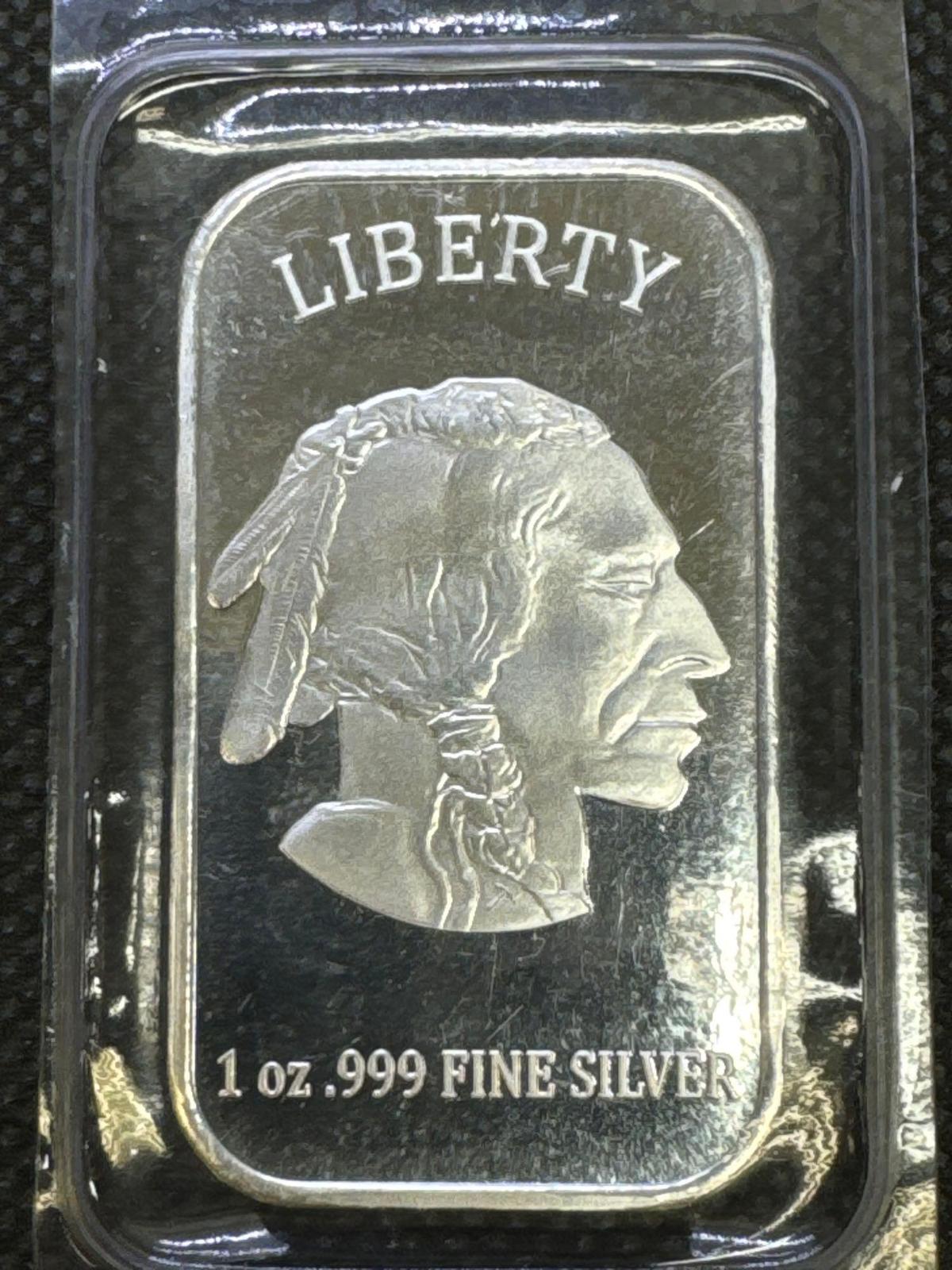 1 Troy Oz .999 Fine Silver Indian Head Buffalo Bar