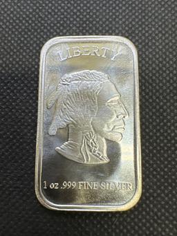 1 Troy Oz .999 Fine Silver Indian Head Buffalo Bullion Bar