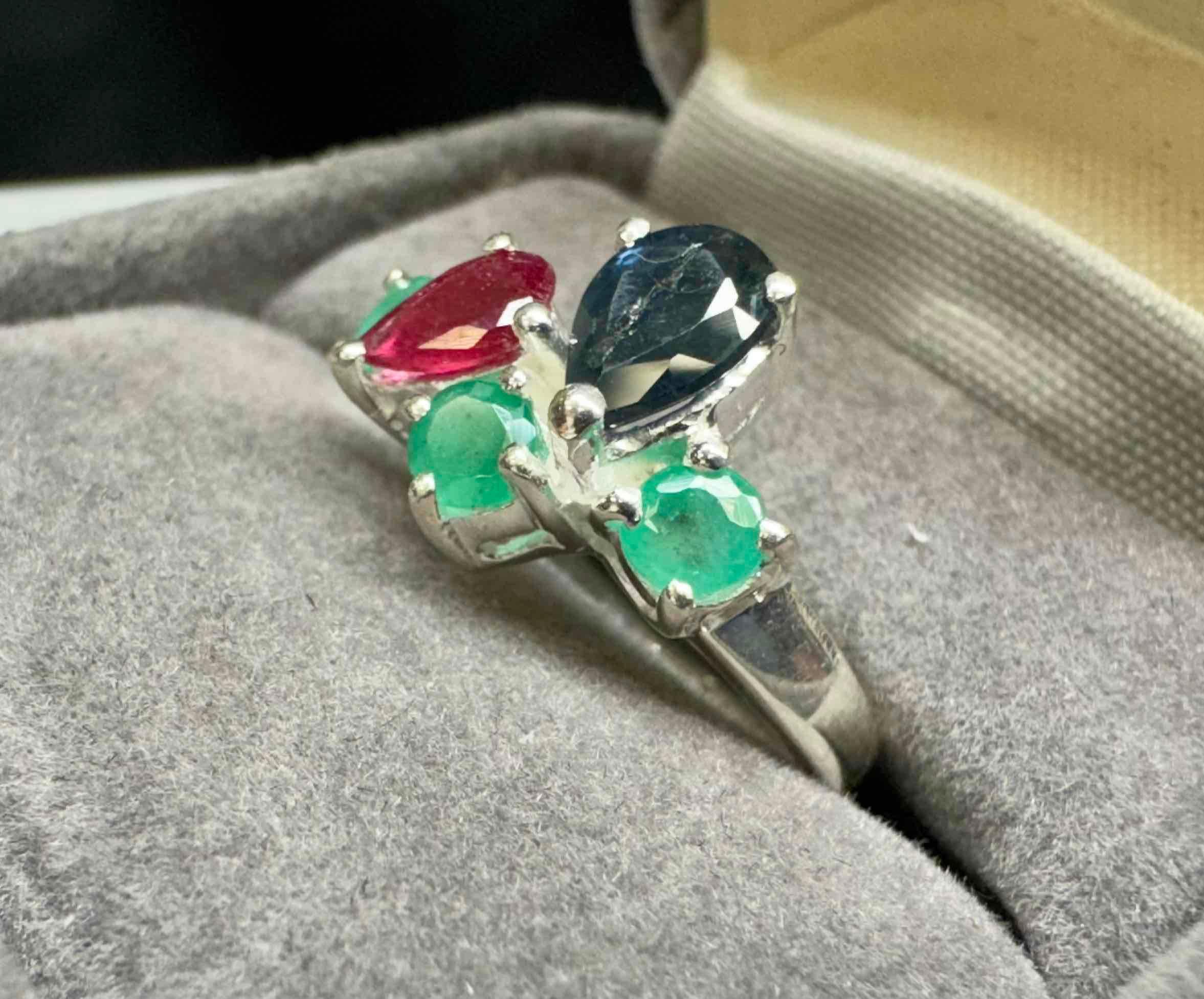 Sterling Silver 925 Ring with Ruby, Blue Sapphire and Emerald Gemstones sz6