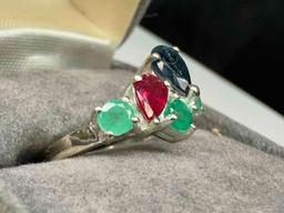 Sterling Silver 925 Ring with Ruby, Blue Sapphire and Emerald Gemstones sz6