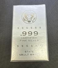 State Vault Brick 5 Troy Oz .999 Fine Silver Bullion Bars