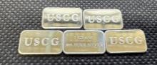 5x USCG 1 Gram .999 Fine Silver Bullion Bars